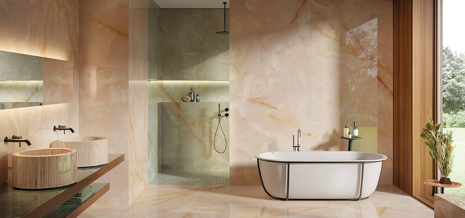 Bagno contemporaneo con pavimenti e rivestimenti effetto pietra FAP Ceramiche